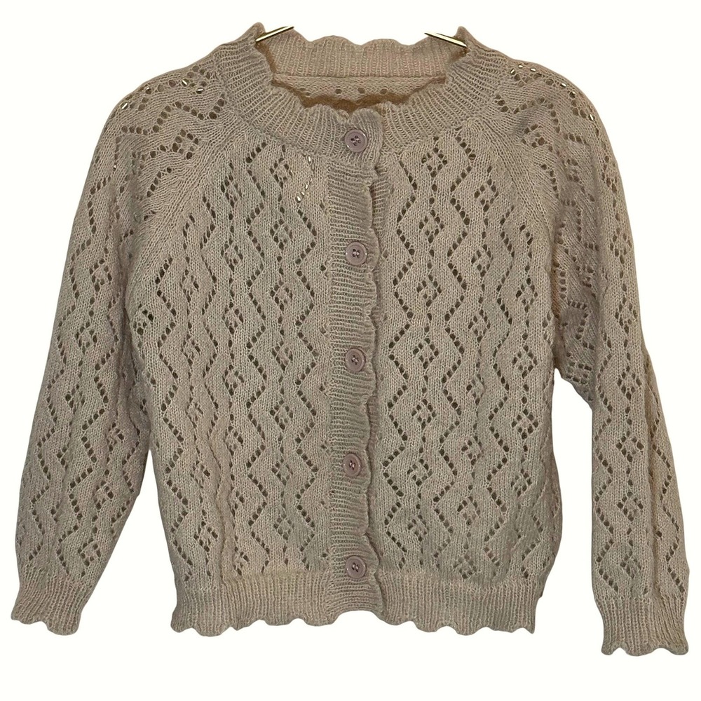 SHEIN Girls Beige Pointelle Knit Cardigan 5T Button Front Neutral